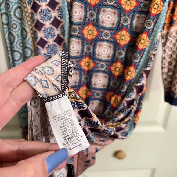 Janette Plus Womens Blue Geometric Keyhole Long Sleeve Boho Stretch Dress Medium - Picture 3 of 5